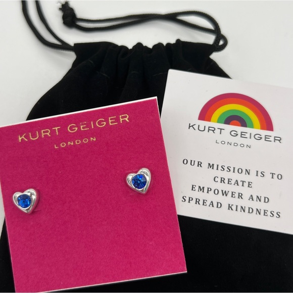 Kurt Geiger London Blue Heart Silver Stud Earrings NWT - Picture 1 of 5